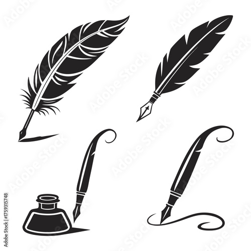 Vector art of collection of quill pen and inkwell illustrations