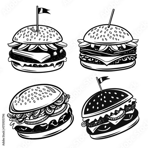 Vector art of four different burger icons in black and white style