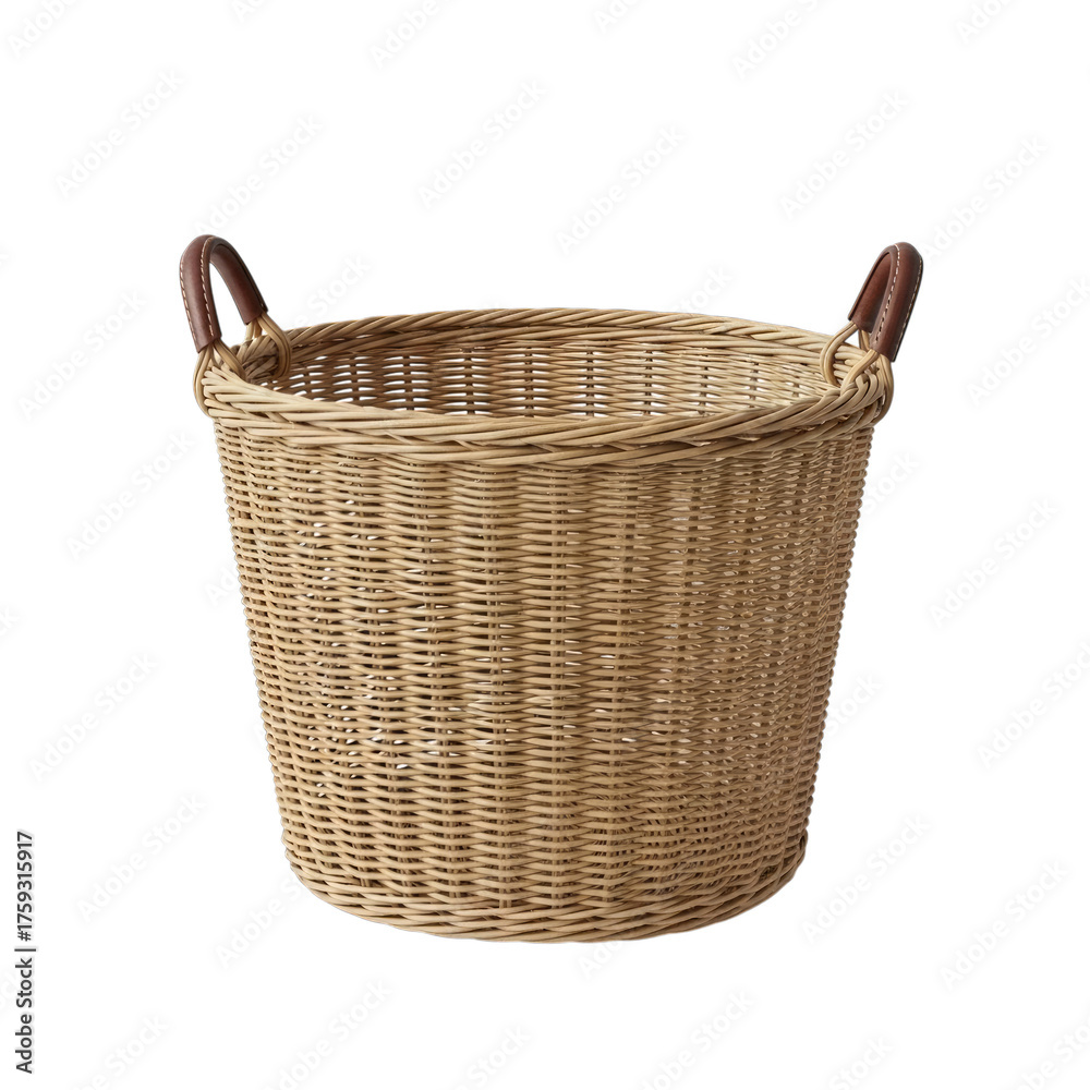 Obraz premium Wicker Laundry Basket with Leather Handles isolated on a transparent background