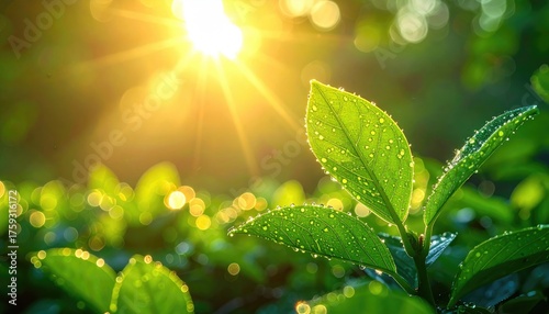 Lush Green Tea Leaves Dew Drops Golden Sunlight Morning Light Nature Field Garden Close Up Macro