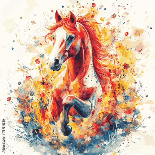 Vibrant watercolor artwork of a horse amidst colorful blossoms. 2026 year red fiery horse according calendar   , vector style simple color