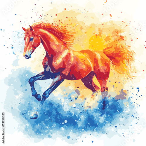 Vibrant watercolor of a galloping horse on a colorful abstract background. 2026 year red fiery horse according calendar   , vector style simple color