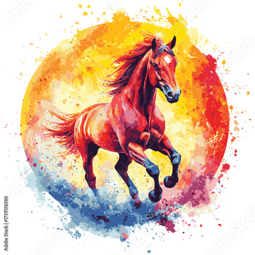 Vibrant watercolor of a galloping horse on a colorful abstract background. 2026 year red fiery horse according calendar   , vector style simple color