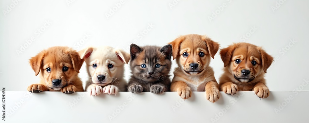 Obraz premium Four cute puppies and one kitten pose together. They stand in row on white background. Animals look at camera. Friendship between kitten and dogs. Funny pet family portrait.