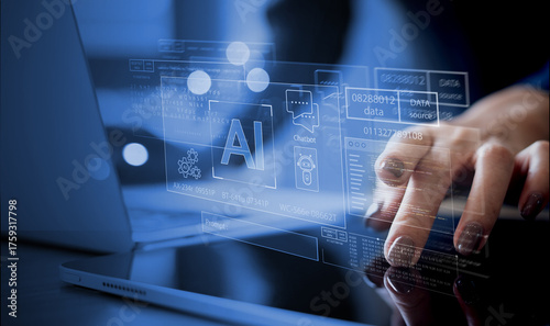 AI Artificial Intelligence technology for data analysis, research, planning and work generate programming. Man using laptop and AI assistant dashboard. AI agents and agentic workflows