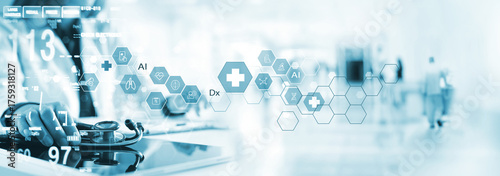 Medical technology, online health, global health network, medical online concept. Doctor using digital tablet and laptop computer with AI medical technology internet network connection, telemedicine