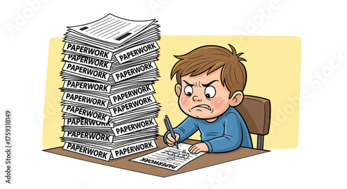 Frustrated boy overwhelmed by a massive stack of paperwork, struggling with homework