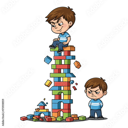 Boy Building a Tower of Blocks While Another Looks On with Frustration and Envy