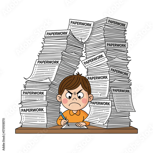 Overwhelmed young boy buried under mountains of paperwork, struggling with excessive bureaucracy and office tasks