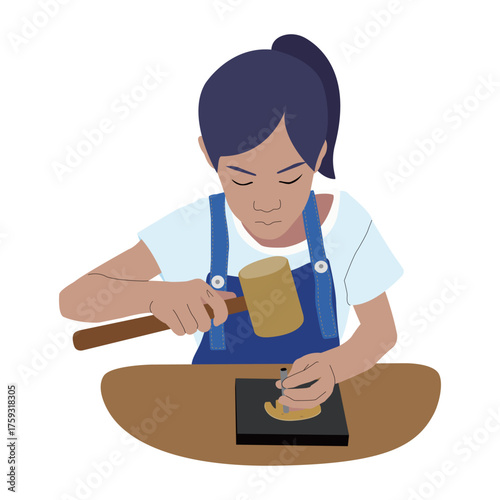 Girl Using Mallet for Leather Craft Illustration