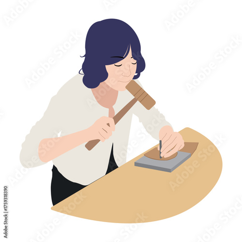 Woman Hammering Leather Piece Illustration