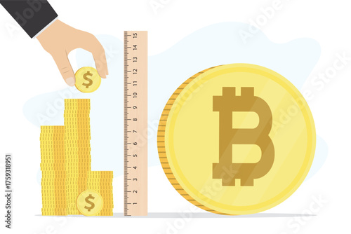 Bitcoin versus dollar currency. Ruler and measures level of crypto profit and income target from bitcoin investing. Financial planning, success strategy in blockchain.