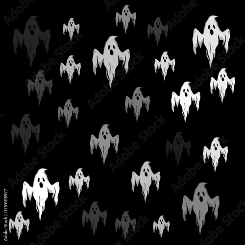 Flying Ghost  Seamless Black and White Halloween Pattern – Tileable Spooky Background with Icons and Symbols