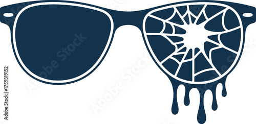 Stylized sunglasses vector, cracked and dripping lens design, bold black icon, symbolic accessory illustration for print, merchandise, fashion, concept art