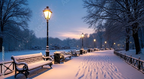A serene winter park scene with snow-covered benches and lampposts illuminating a pathway at dusk.