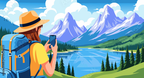 Adventurous Hiker Capturing Majestic Mountain Scenery A Scenic Exploration on a c.eps c.eps c