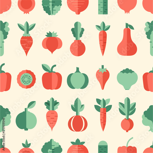 A modern, seamless pattern showcasing geometric vector icons of healthy fruits and vegetables, including carrots, pomegranates, and broccoli, in a simple red and green color scheme