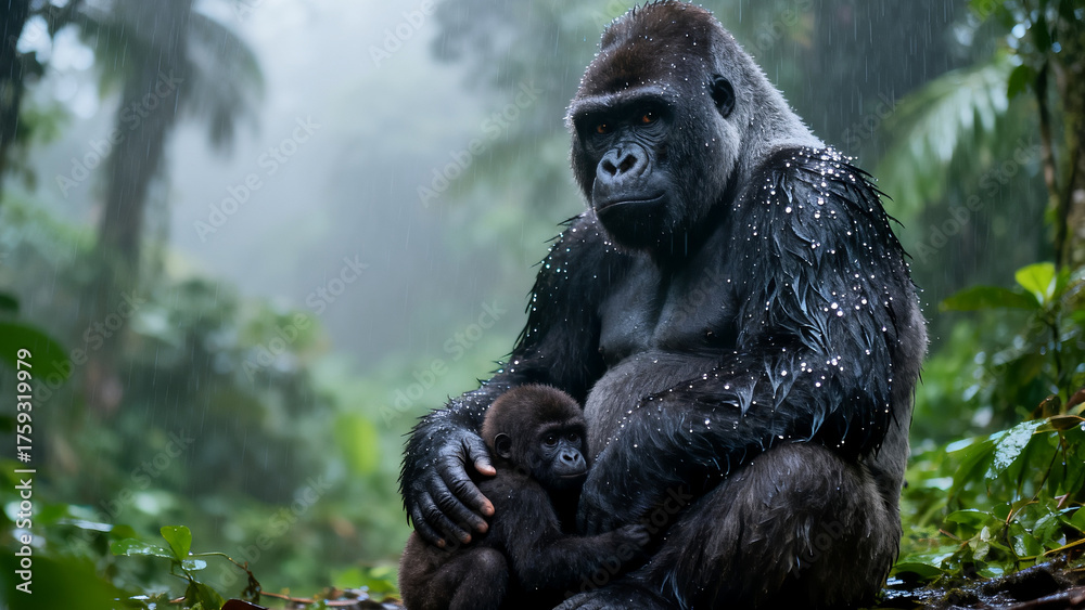 Obraz premium Silverback Mountain Gorilla with Infant in the Rain, Family Moment