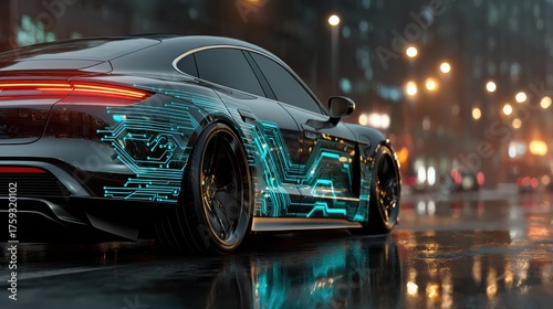 Next Generation Automobile: Electric Car with Circuit Board on Wet Asphalt