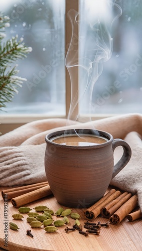 Steaming cup of masala chai with cinnamon sticks, cardamom pods, and cloves around, served in a clay cup with cozy winter background