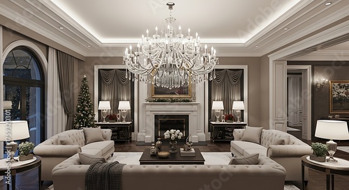 Luxurious living room with a grand crystal chandelier and elegant furnishings, decorated for Christmas.
