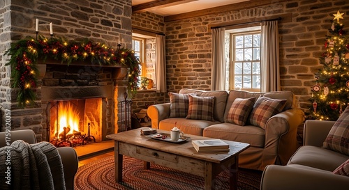 Cozy living room decorated for Christmas with a roaring fireplace and a decorated tree.