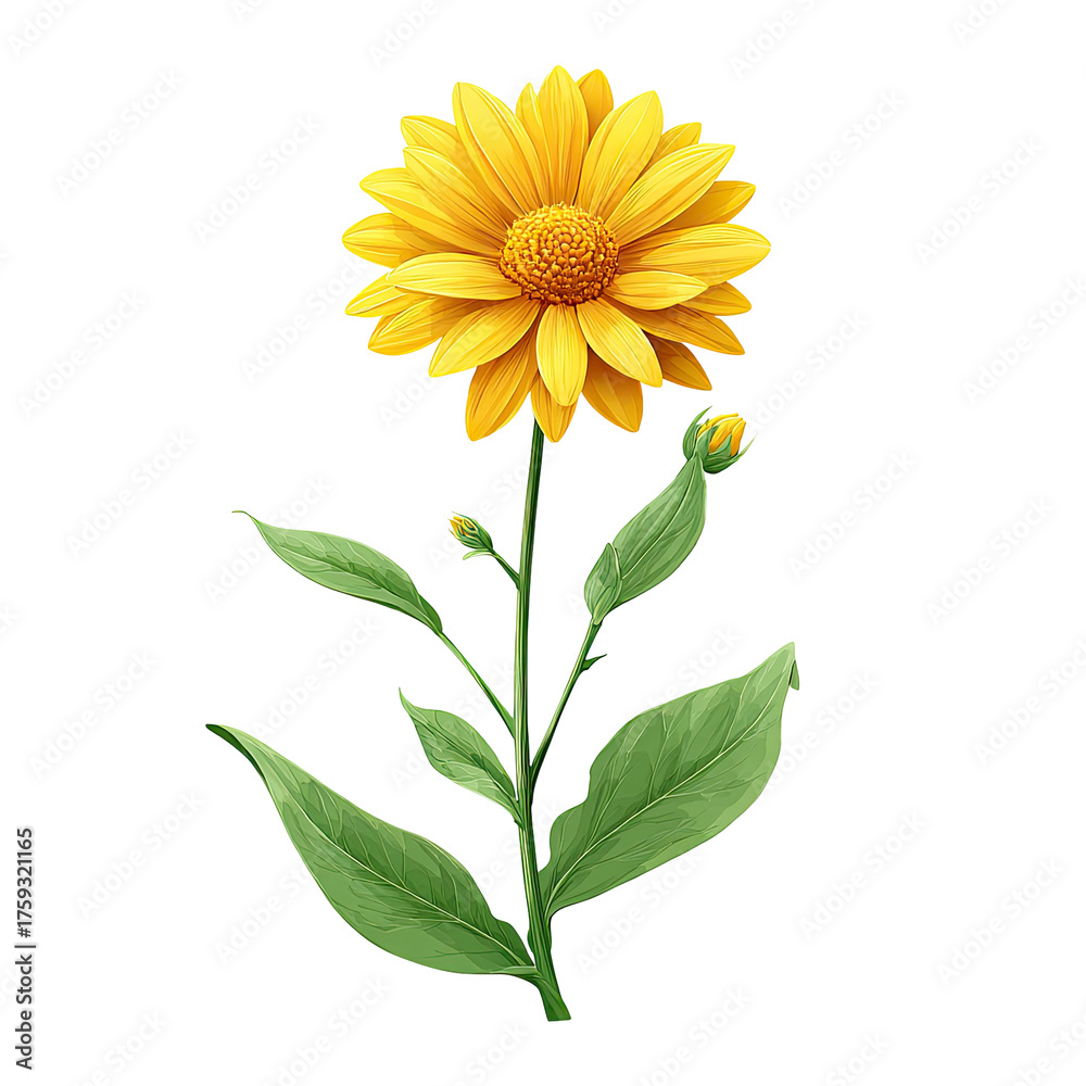 Fototapeta premium A vibrant yellow flowering plant isolated on a black background, with leaves and buds