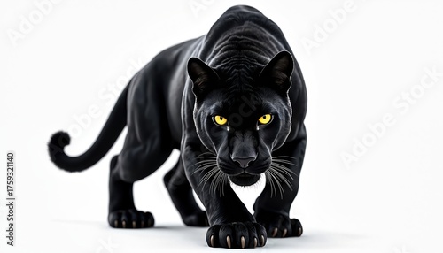Black panther with yellow eyes crouches low on white background. Powerful predator moves stealthily, ready to pounce. Fierce big cat in studio, wild nature symbol, powerful mammal.