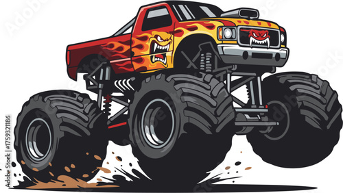 Jumping Monster Truck Cartoon Vector Illustration for T-shirt Design