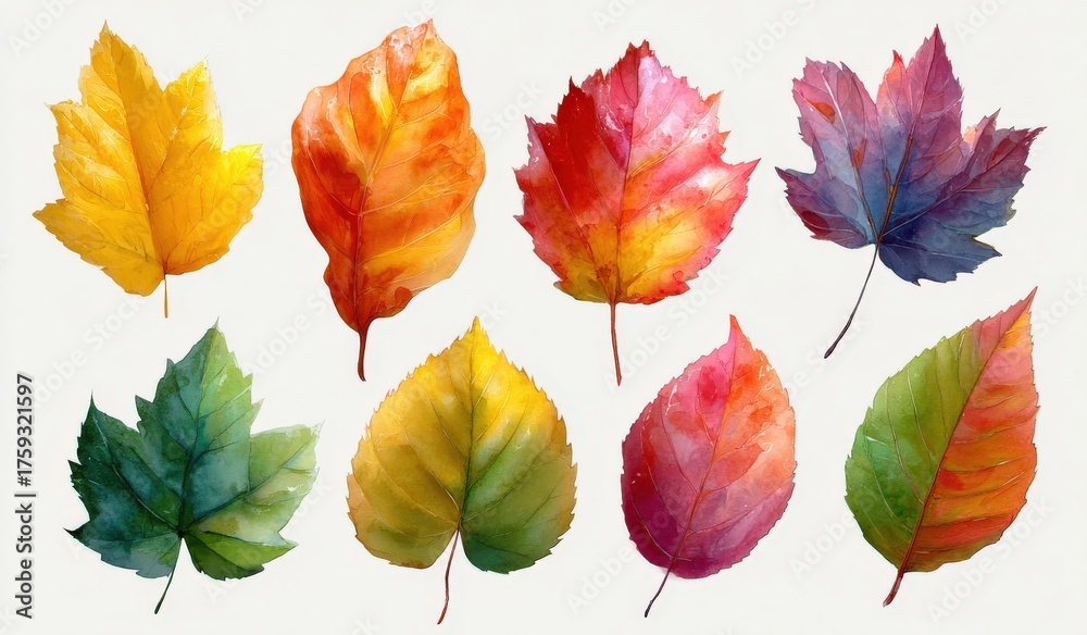 Obraz premium Colorful watercolor illustration of various autumn leaves in vibrant shades of yellow, orange, red, and green, showcasing the beauty of seasonal foliage and nature's palette