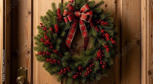 A festive Christmas wreath adorned with a plaid bow and red berries hangs on a wooden door.