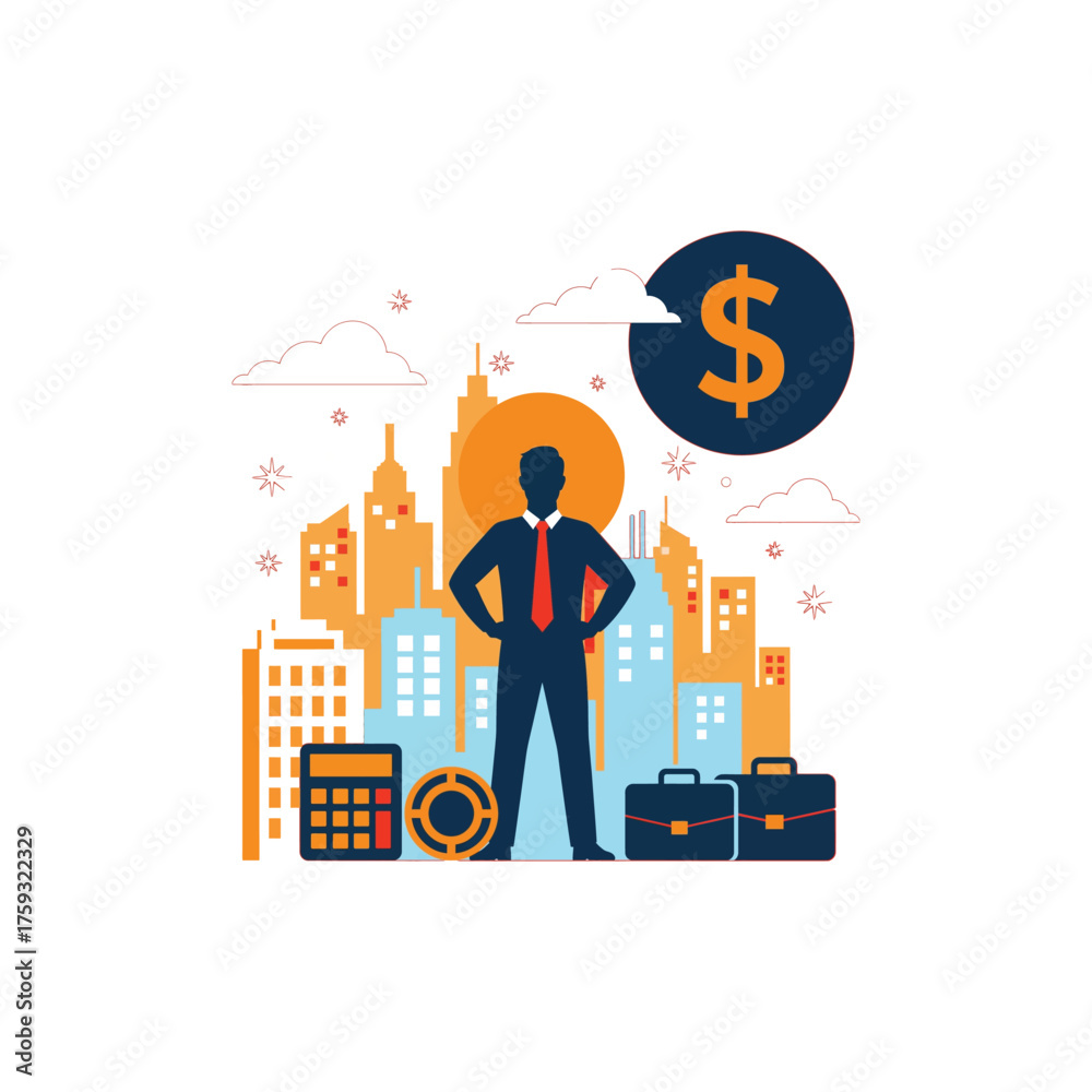 Naklejka premium Vector Illustration of Successful Businessman with Cityscape, Dollar Sign, and Business Icons