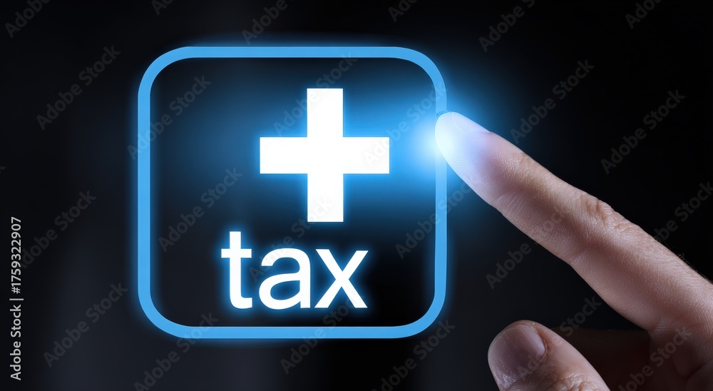Fototapeta premium A finger presses a digital button with a bright plus sign and the word tax, illuminating the concept of financial operations, investment. ..Created with Generative AI, not depicting real subjects.