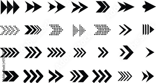 set of black arrows. Modern simple arrows. Black arrow pointing to the right. Black direction pointer. Vector illustration