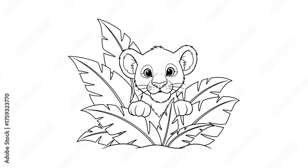 Obraz premium Curious Lion Cub Peeking Out From Behind Large Jungle Leaves Safari Coloring Sheet