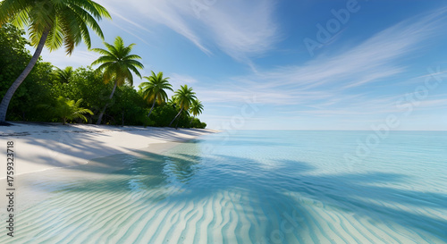 Fototapeta Naklejka Na Ścianę i Meble -  “Turquoise Caribbean Beach: Palm Trees, White Sand, and Calm Waters”