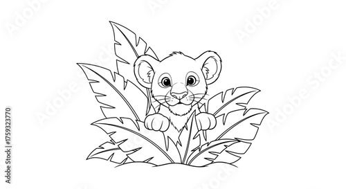 Curious Lion Cub Peeking Out From Behind Large Jungle Leaves Safari Coloring Sheet