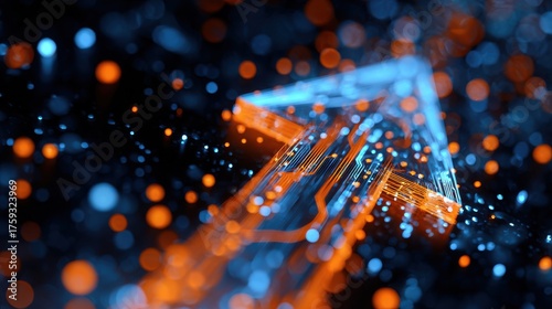 Circuit Board Arrow Guiding Technological Pathway in Dark Bokeh Filled Space