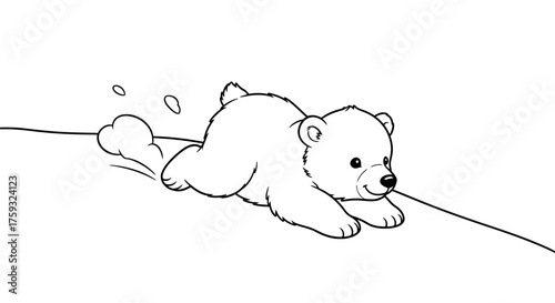 Fluffy Polar Bear Cub Sliding Down a Small Snow Hill Winter Coloring Sheet