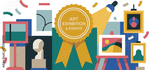 Colorful Art Exhibition Events with Paintings, Sculpture, Award Ribbon, and Confetti Elements