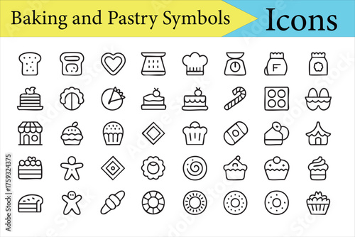 Baking line icons collection featuring bread, cake, and kitchen tools