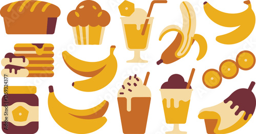 Colorful Assortment of Cartoon Food Items Including Banana, Pancake, Smoothie, and Bread Loaf