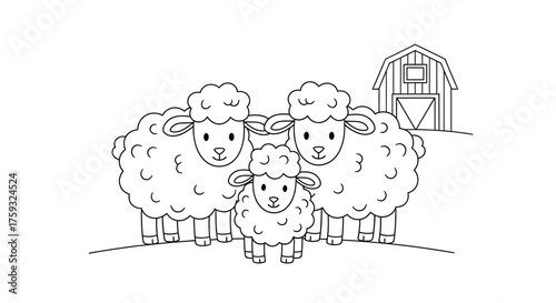 Group of Three Fluffy Sheep Huddling Together Near a Barn Farm Coloring Sheet