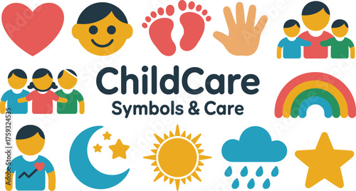 Colorful Childcare Symbols Heart, Smiley Face, Footprints, Hand, Family, Rainbow, Moon, Star, Weather Icons