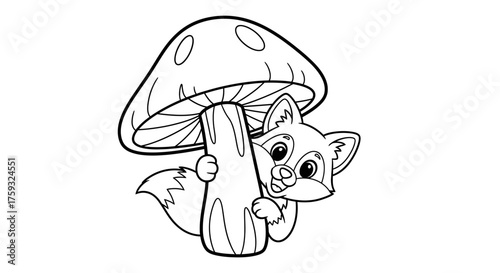 Happy Fox Cub Playing Hide and Seek Behind a Large Mushroom Forest Coloring Page