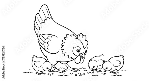 Mother Hen and Three Chicks Pecking for Seeds Farmyard Scene Coloring Page