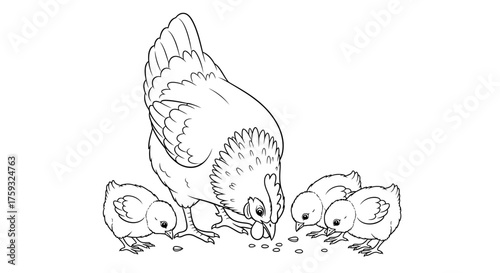 Mother Hen and Her Three Chicks Pecking for Seeds Farmyard Scene Coloring Sheet