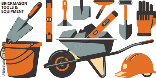 Colorful Flat Illustration of Brickmason Tools and Equipment Bucket, Wheelbarrow, Shovels and More