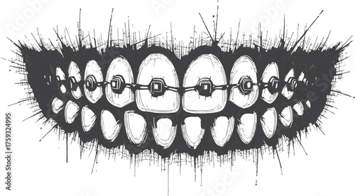 A bold, black-and-white sketch features a closed smile with braces. This stylized orthodontic illustration emphasizes brackets and wires, capturing dental care, health.