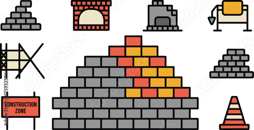 Construction Zone Icon Set with Bricks, Oven, Cement Mixer, Barrier, and Cone Illustration